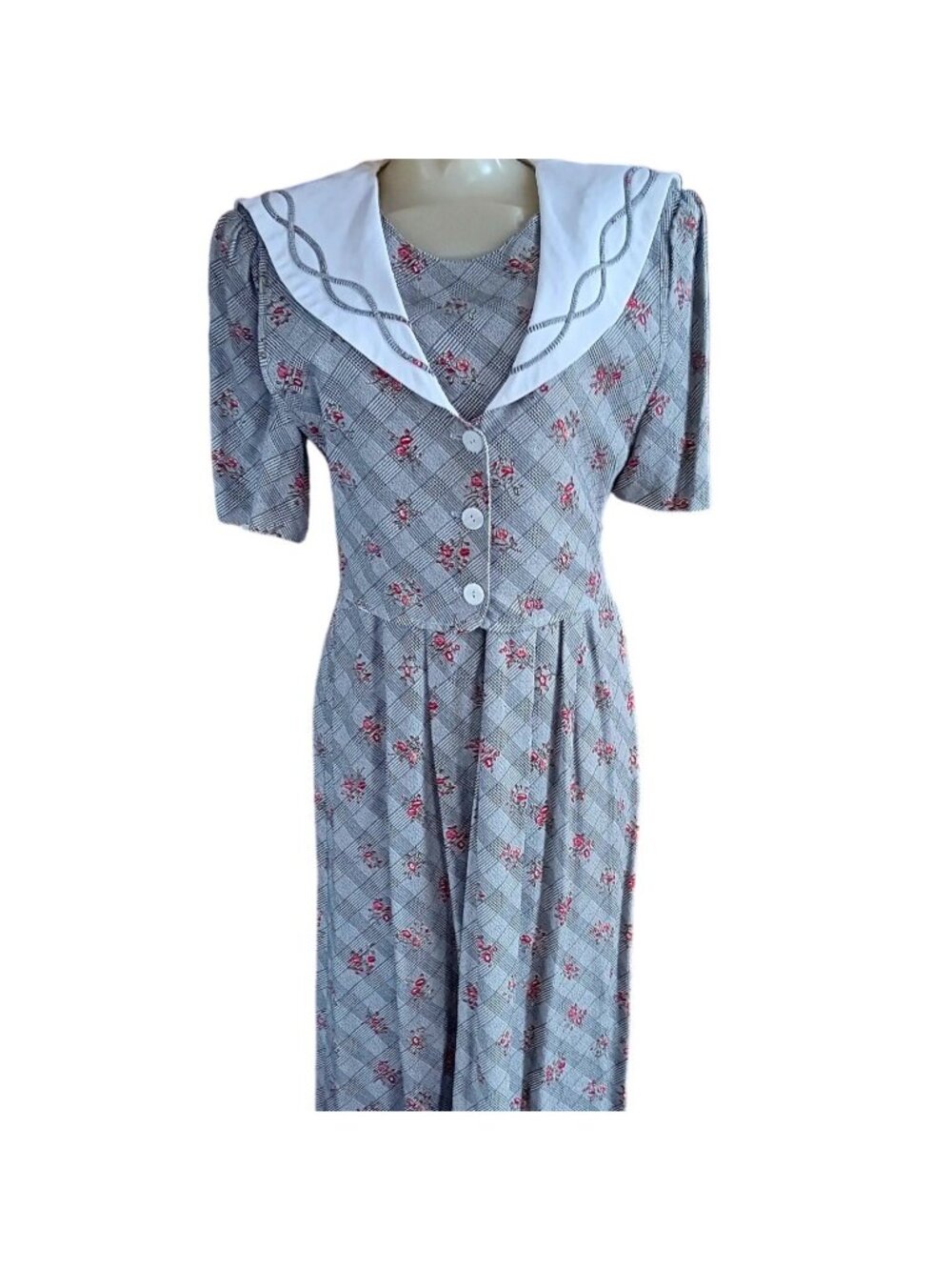 Sailor Collar True Vintage Dress 10/12 1980s Floral Plaid Pad JBS Secretary Mom